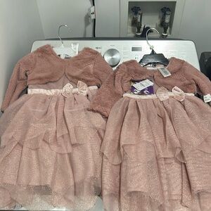 Twin girls set 2T fancy formal dress new nwt sparkle glitter faux fur bows tulle